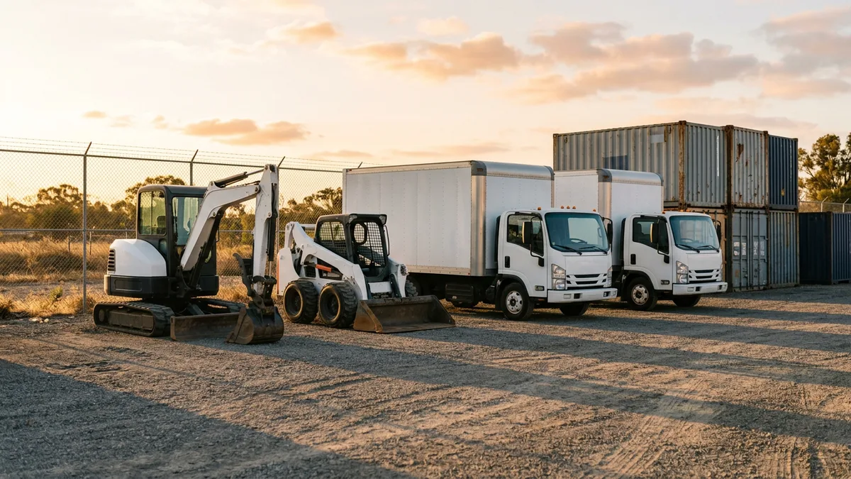 White excavator, skid steer and box trucks parked in a contractor's equipment yard at sunrise