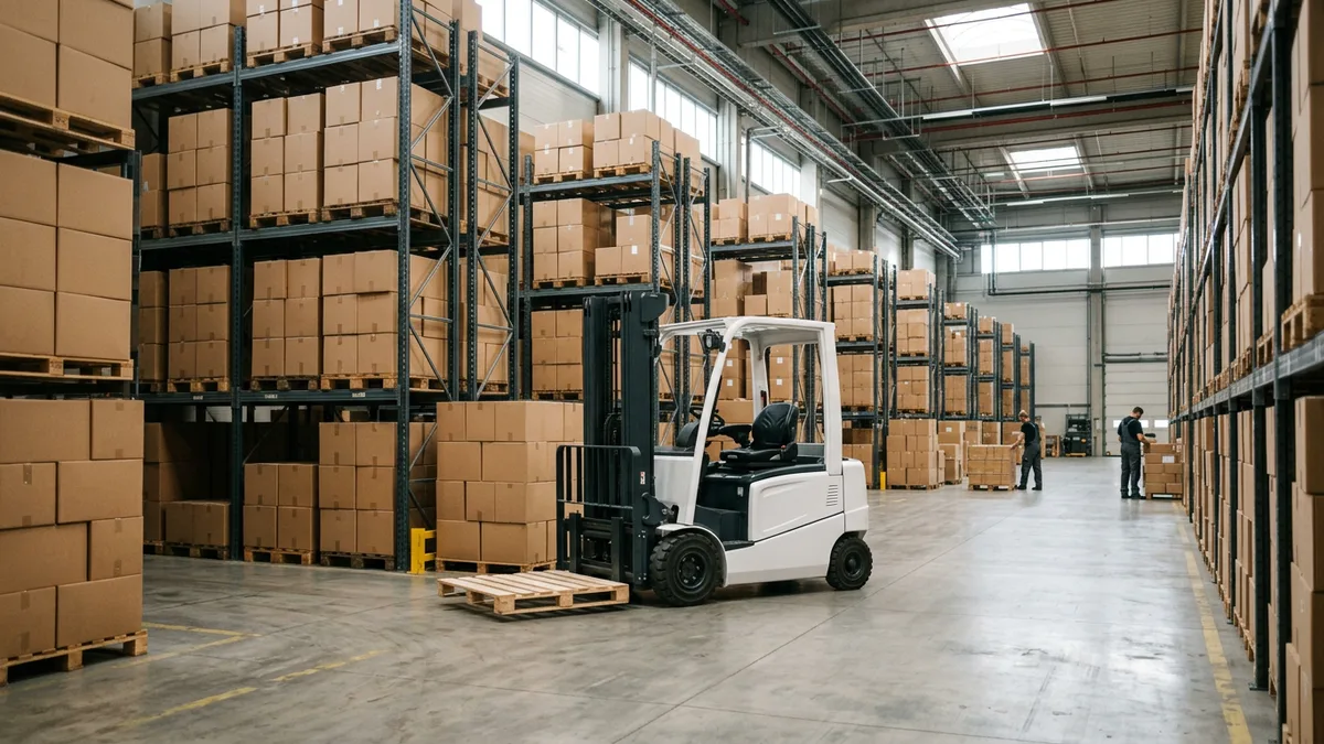 White forklift in an aisle of pallet racking inside a distribution warehouse
