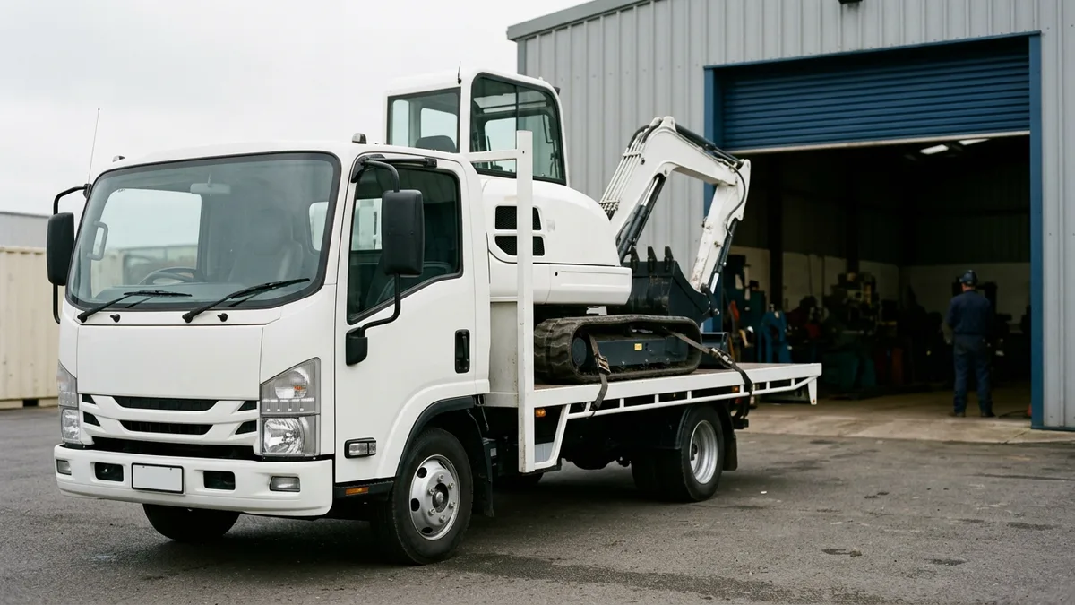 Flatbed truck carrying a white compact excavator outside a small fabrication shop