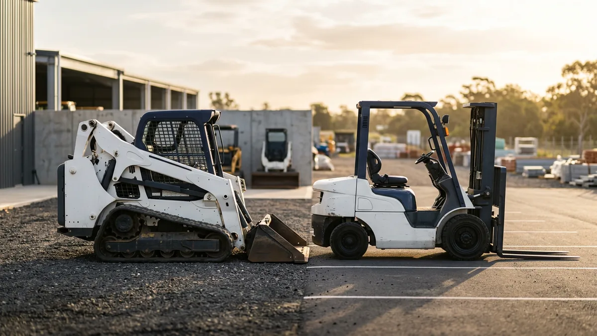 White compact track loader and forklift parked side by side in an equipment staging area