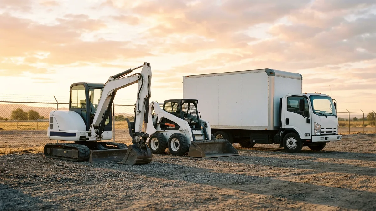 White excavator, skid steer and box truck parked in an equipment yard at sunrise