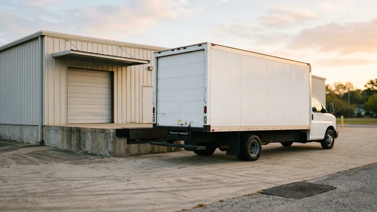White box truck with a closed cargo body parked beside a warehouse loading dock at sunrise