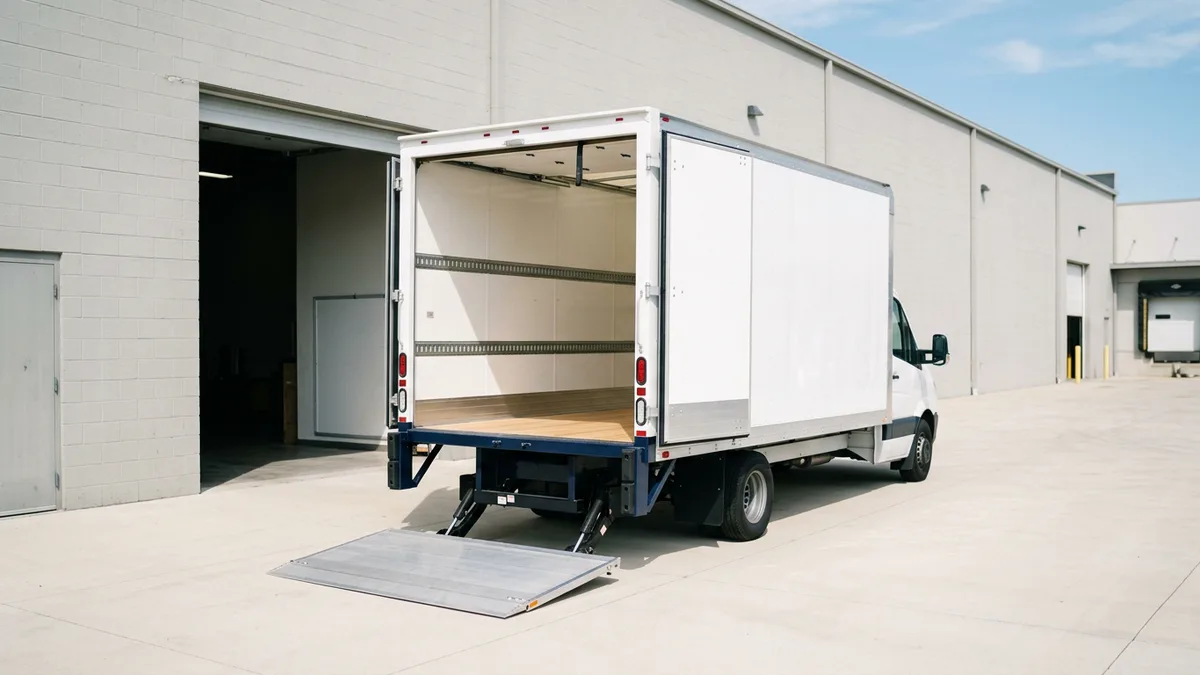 Rear of a white box truck with doors open and a lowered aluminum liftgate outside a warehouse