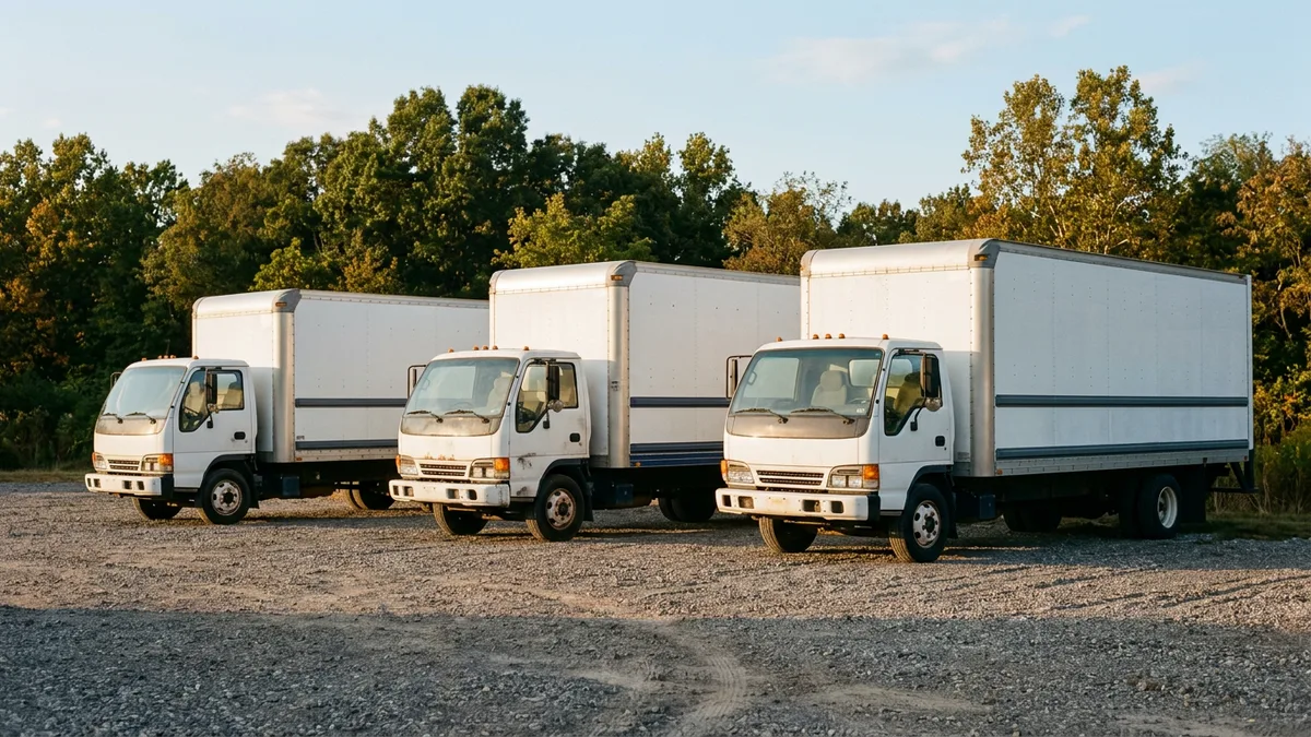 Three used white box trucks of different lengths parked on a gravel dealer lot