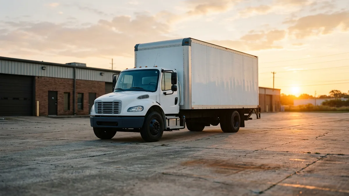 White box truck parked on a commercial warehouse lot at sunrise