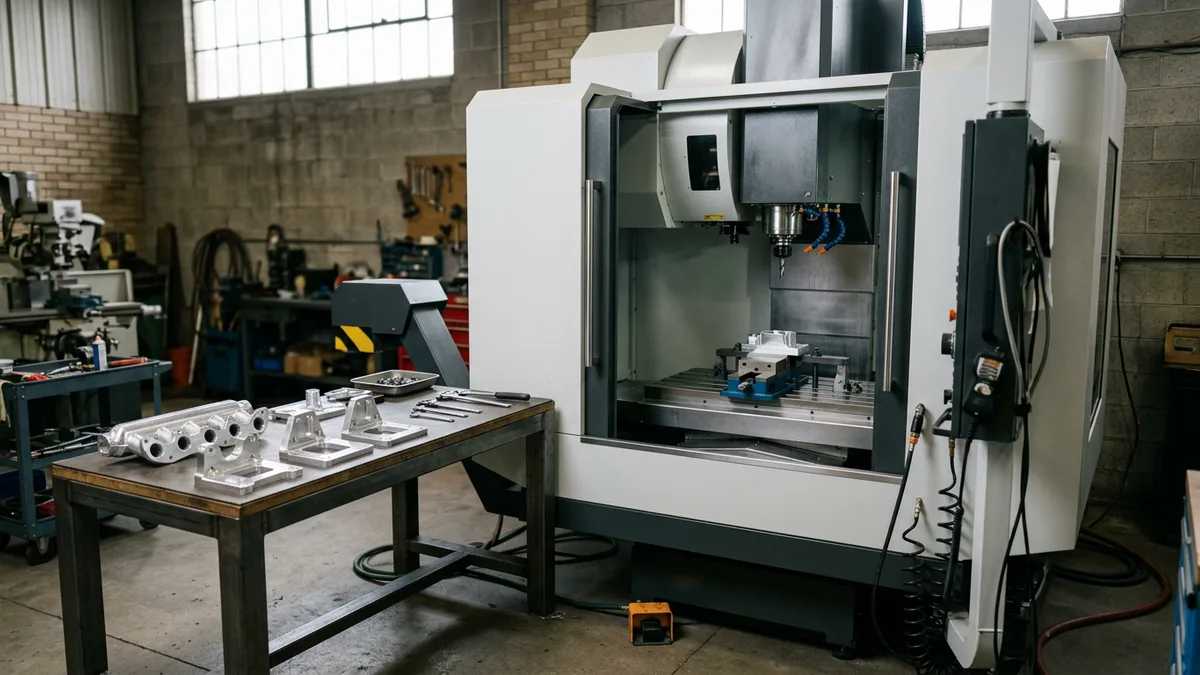 Grey CNC machining center with its door open in a tidy machine shop beside a bench of finished parts