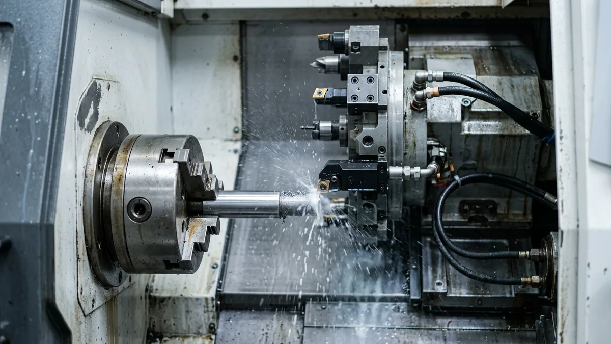 Close view of a CNC lathe turning a steel shaft with coolant spraying from the tool turret