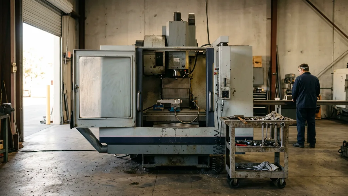 Used grey CNC mill on a concrete shop floor with its door open and a tool cart beside it