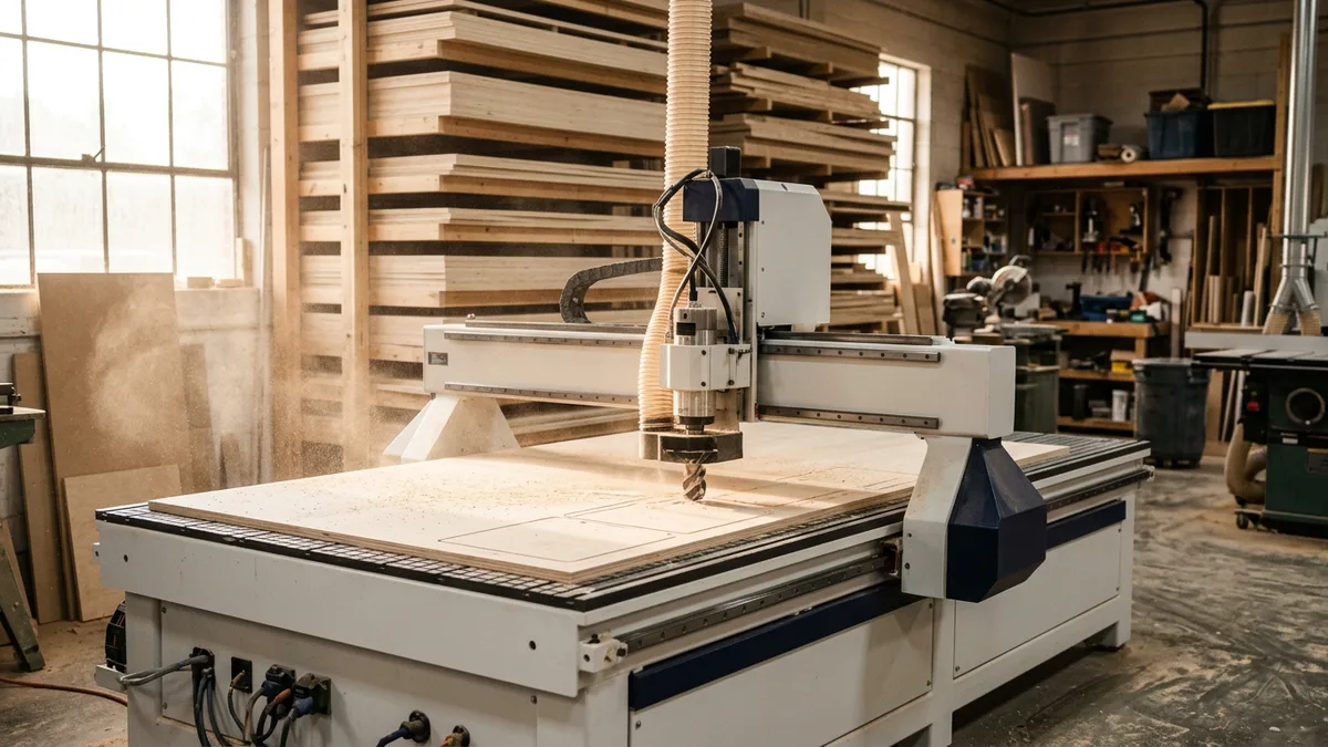 Flat-bed CNC router cutting a sheet of birch plywood in a cabinet shop