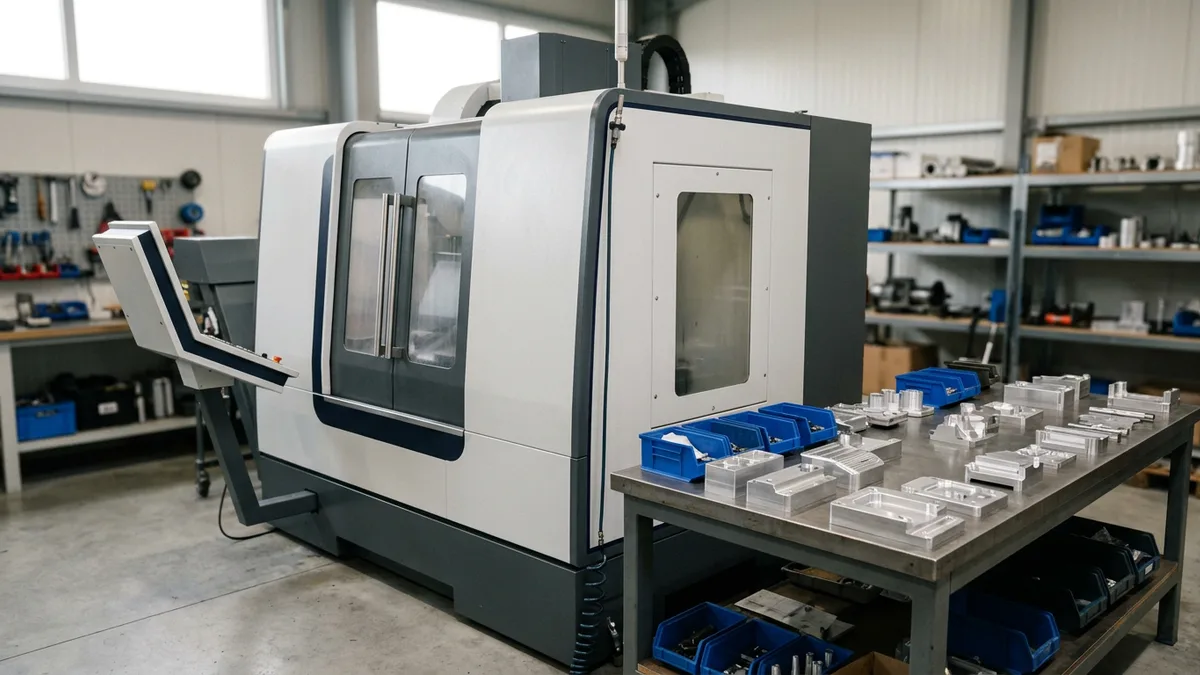 Grey CNC machining center in a tidy machine shop beside a bench of finished parts