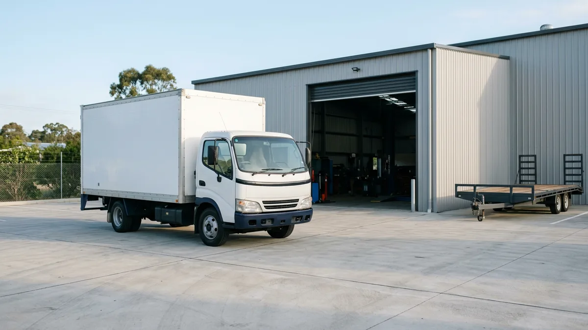 White box truck and flatbed trailer parked outside a light-industrial workshop with the roll-up door open