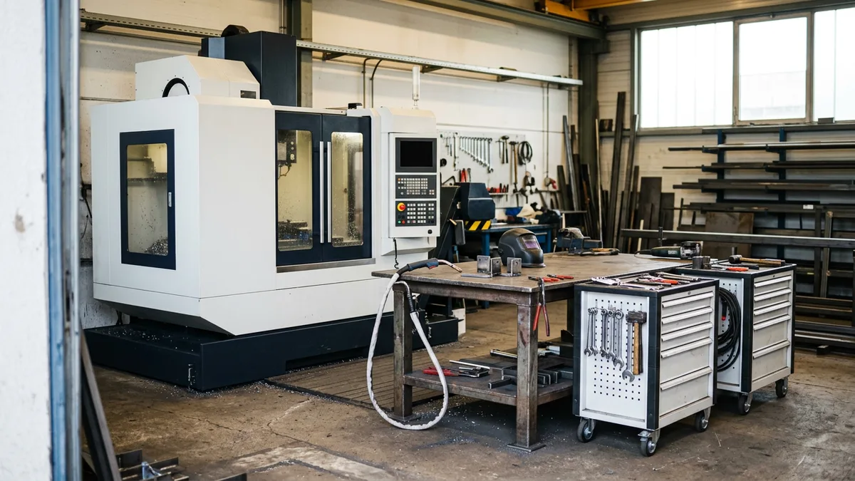 White CNC machining center beside a welding bench and tool carts inside a small fabrication shop