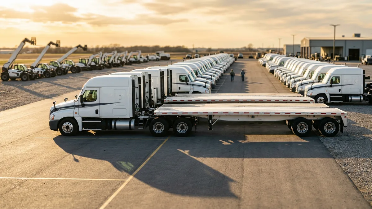 Rows of white commercial trucks and flatbed trailers parked on an equipment dealer lot at golden hour