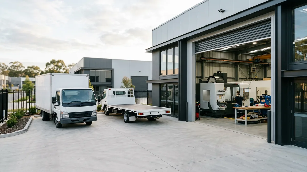 Box truck and flatbed trailer outside a workshop with a CNC machining center visible through the open door