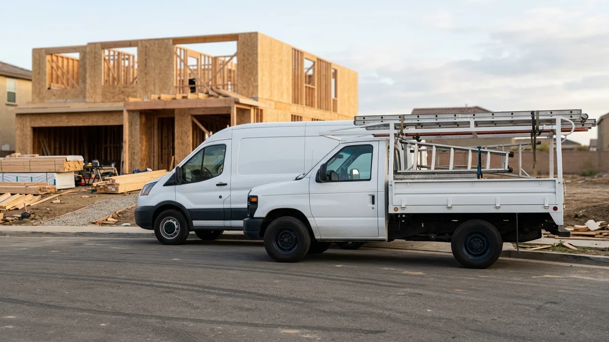 White flatbed work truck with a ladder rack and a white cargo van parked beside a residential building site