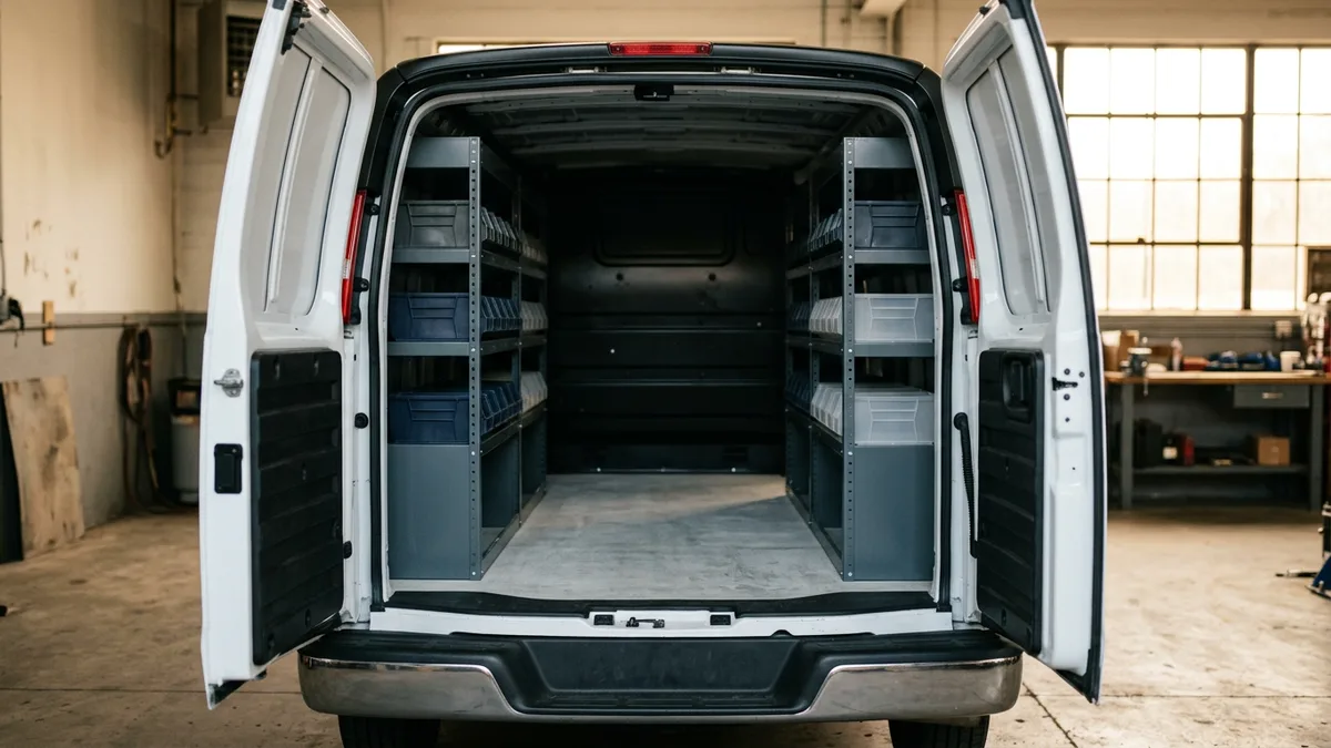 Open rear of a white cargo van fitted with steel shelving and parts bins