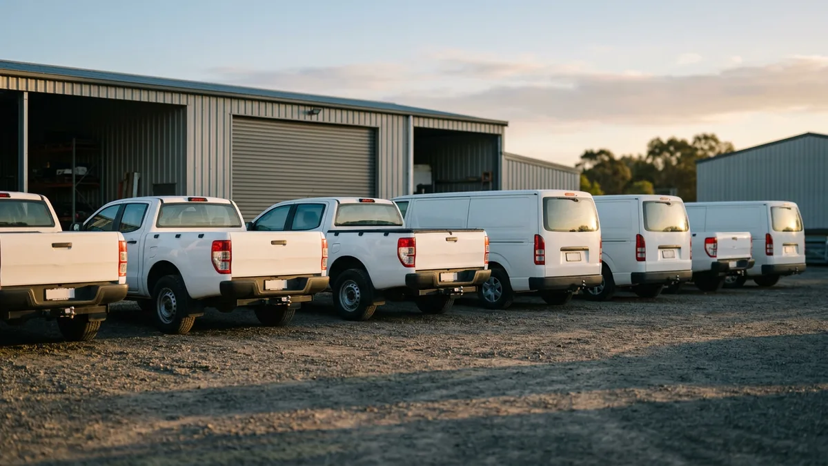 Row of white pickups and cargo vans parked outside a contractor's shop yard at dawn