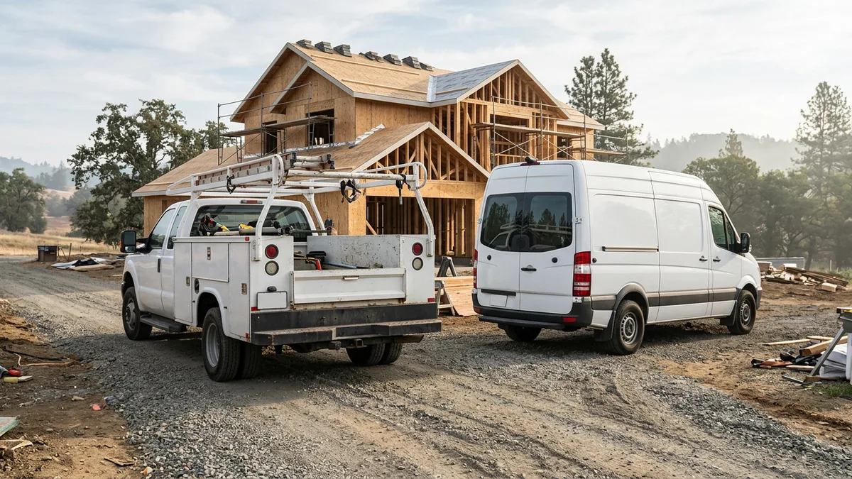 White utility-body truck and cargo van parked at a residential building site in morning light