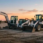 Excavator, skid steer and wheel loader parked side by side on a graded lot at dawn