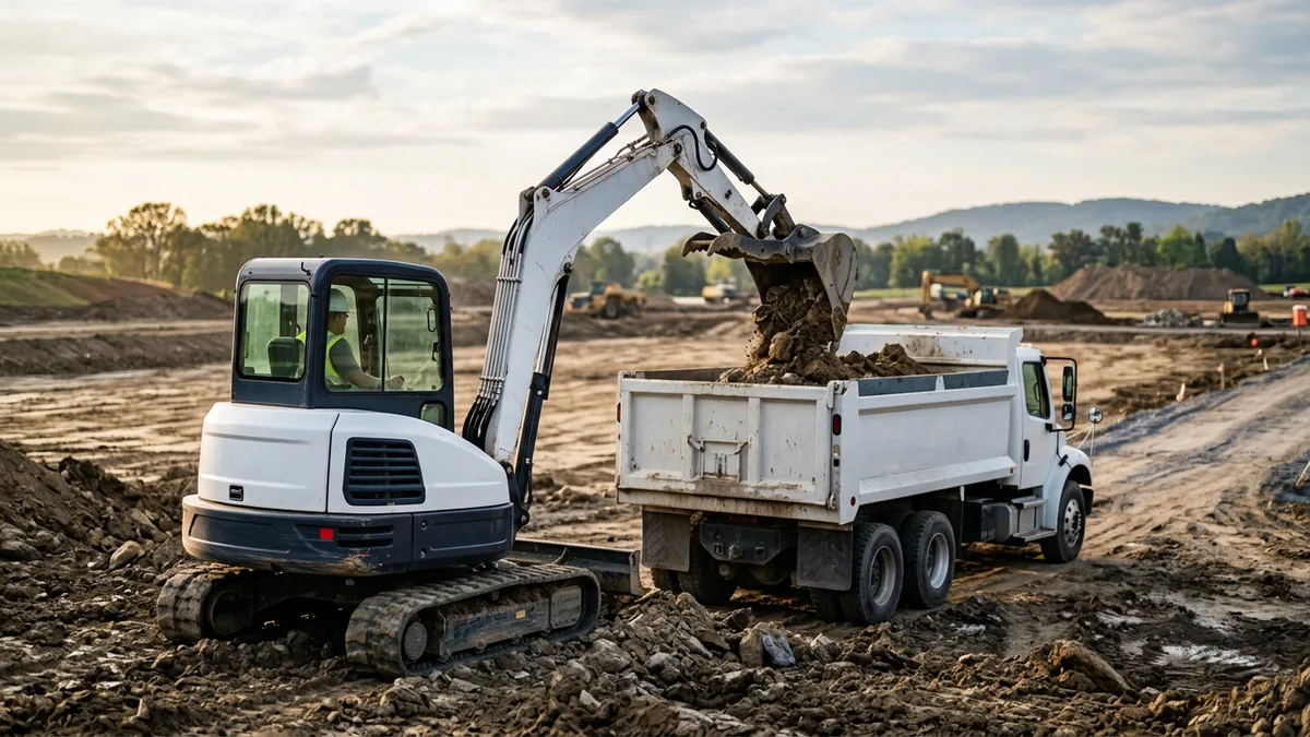 Excavator loading a dump truck at a graded construction site in morning light
