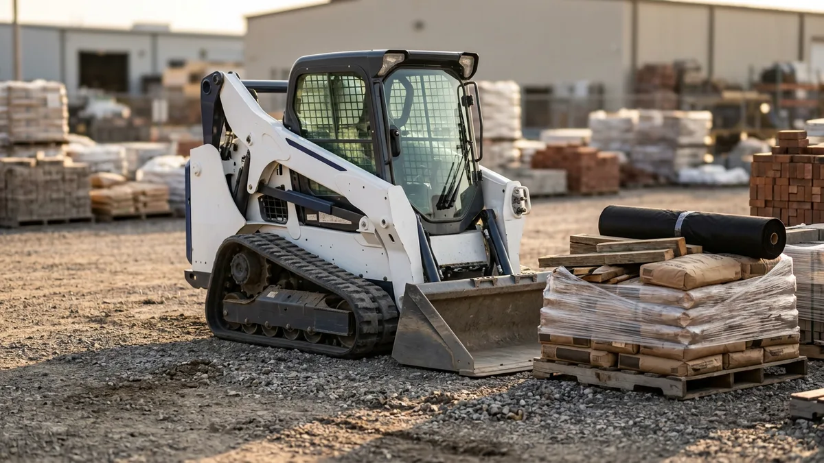 Compact track loader parked beside a pallet of building materials at a supply yard