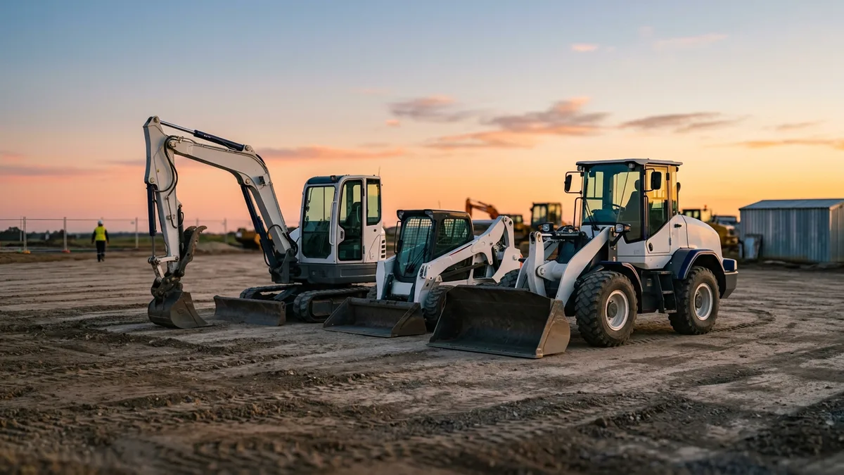 Excavator, skid steer and wheel loader parked side by side on a graded lot at dawn