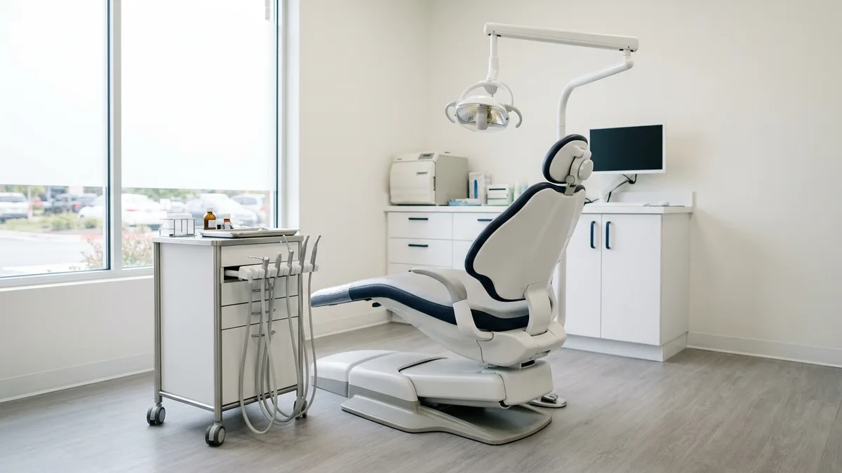 Empty dental operatory with a patient chair and overhead light in soft daylight
