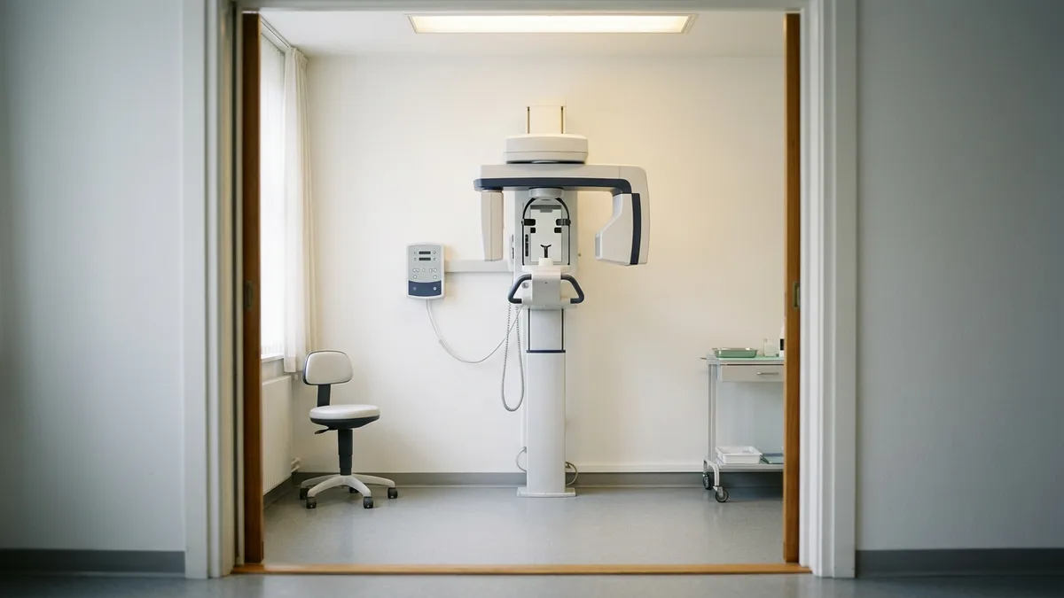 Panoramic dental X-ray unit in a small, empty imaging room