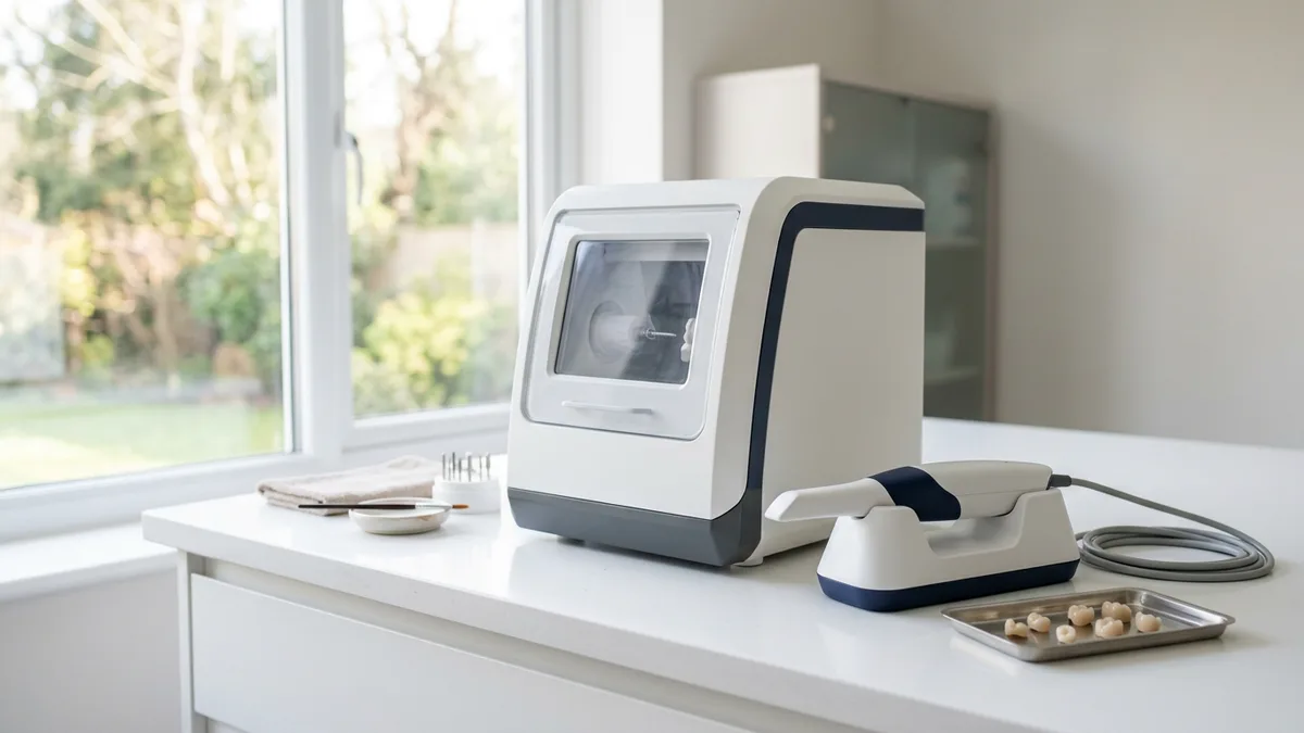 Intraoral scanner and milling unit on a clean dental lab bench