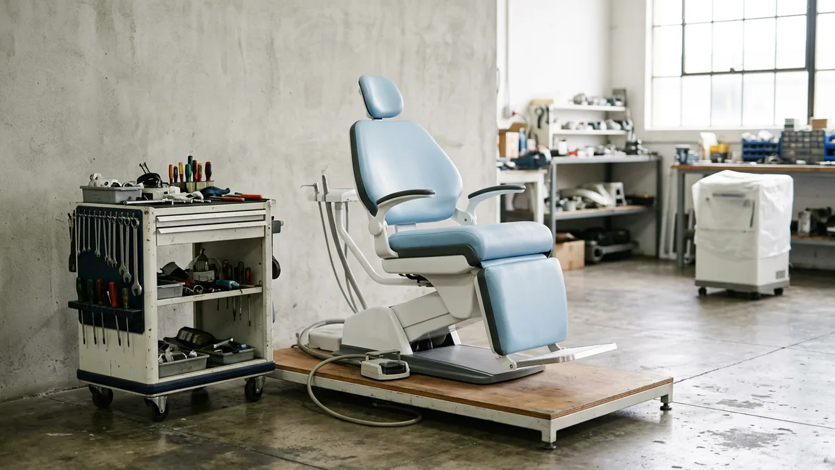 Refurbished dental chair on a platform in a repair workshop