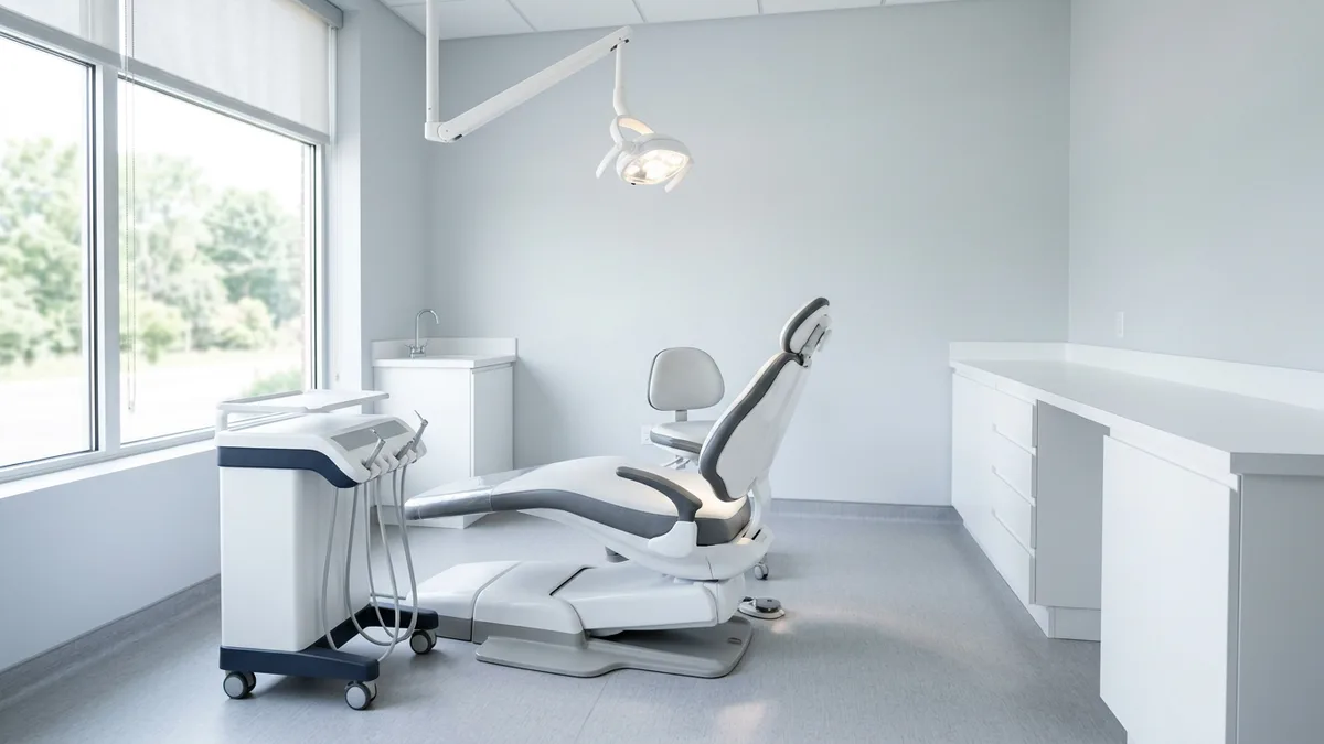 Dental operatory with a patient chair and overhead light in soft daylight