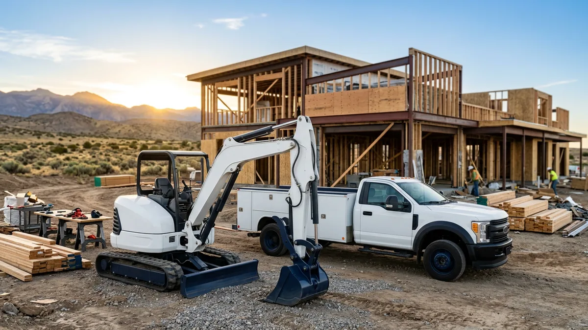 Compact excavator and utility work truck at a framed commercial building site in early morning light