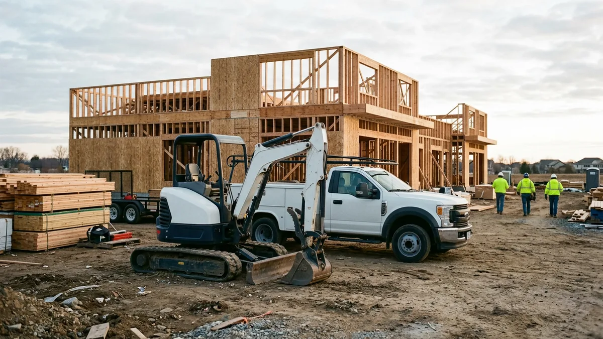 Compact excavator and utility truck at a framed commercial building site in morning light