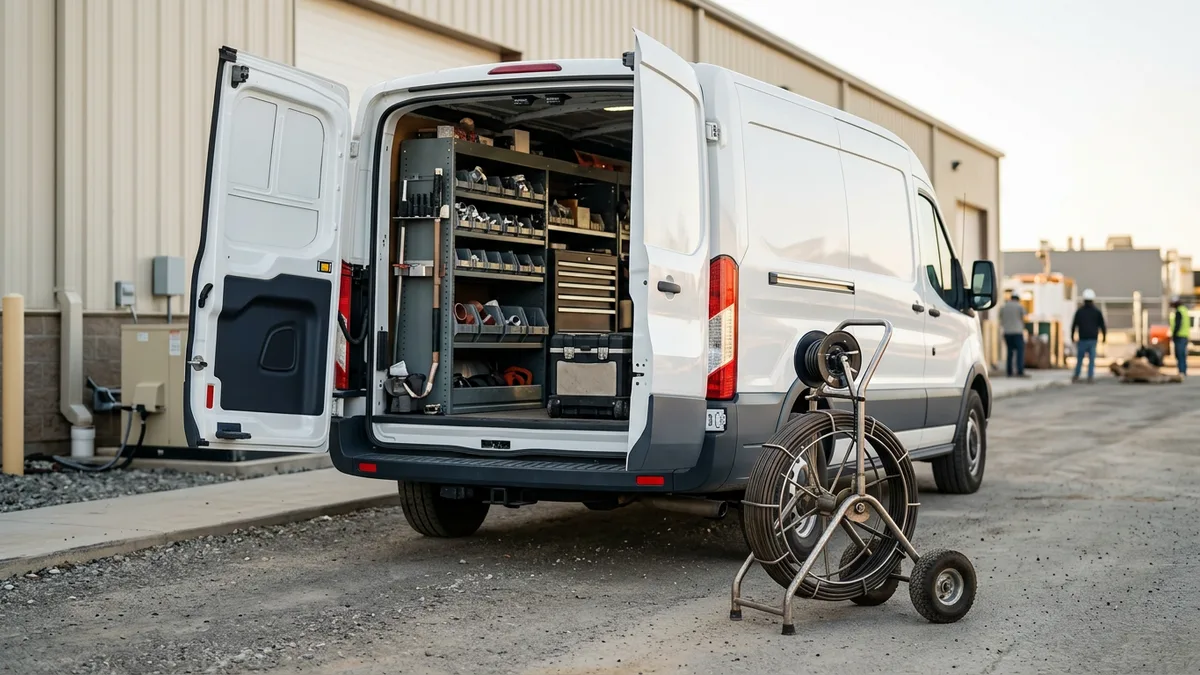 Open white service van with shelving and a tool chest beside a commercial building