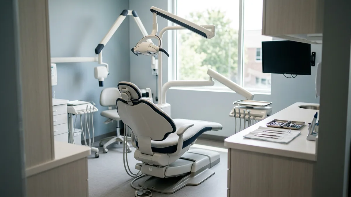 Dental treatment room with a reclined chair and an overhead exam light