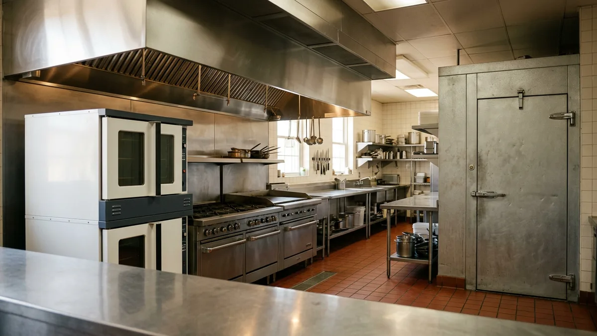 Commercial kitchen with a stainless range, convection ovens and a walk-in cooler