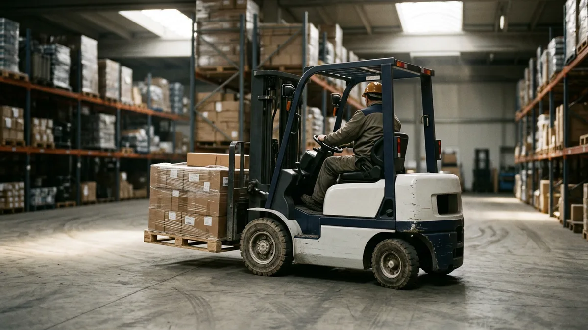 Forklift lifting a loaded pallet in a warehouse aisle