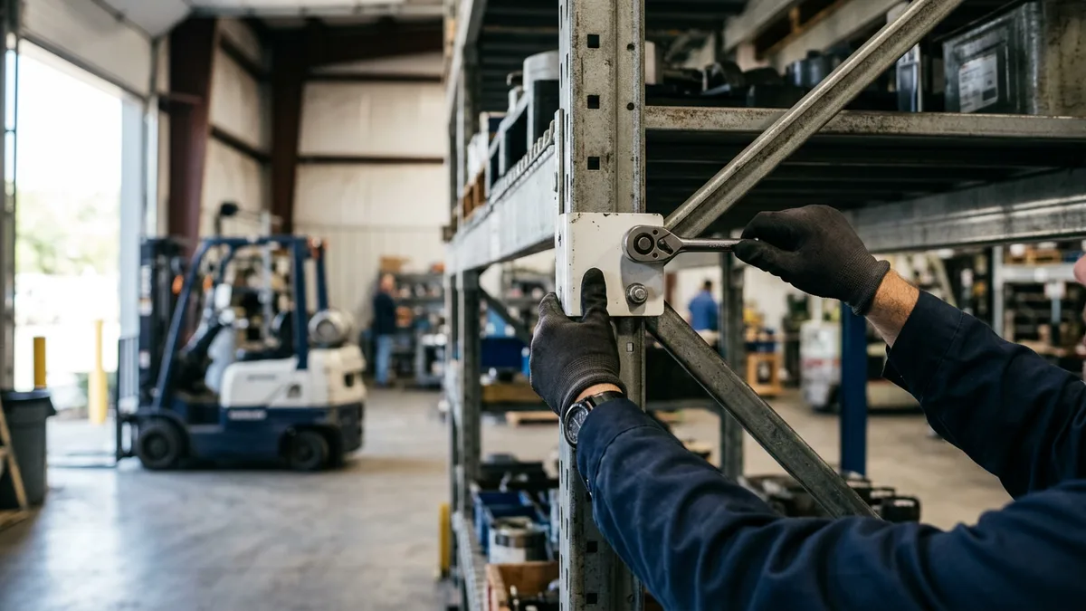 Technician fastening a bracket on a warehouse storage rack