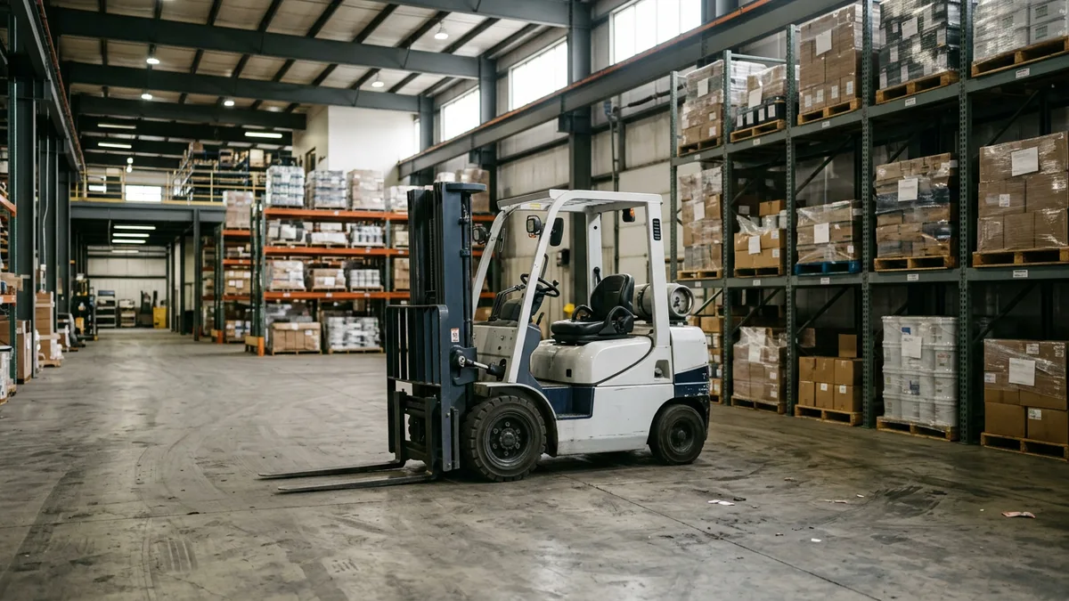 Forklift parked beside loaded pallet racks in a warehouse