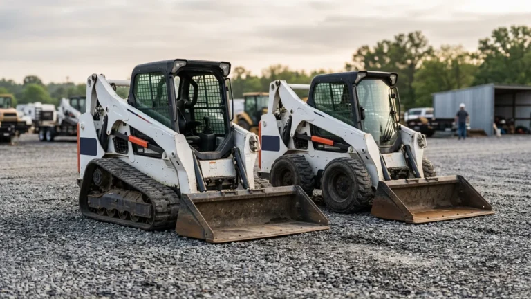 Compact track loader and skid steer parked in an equipment yard in early morning light