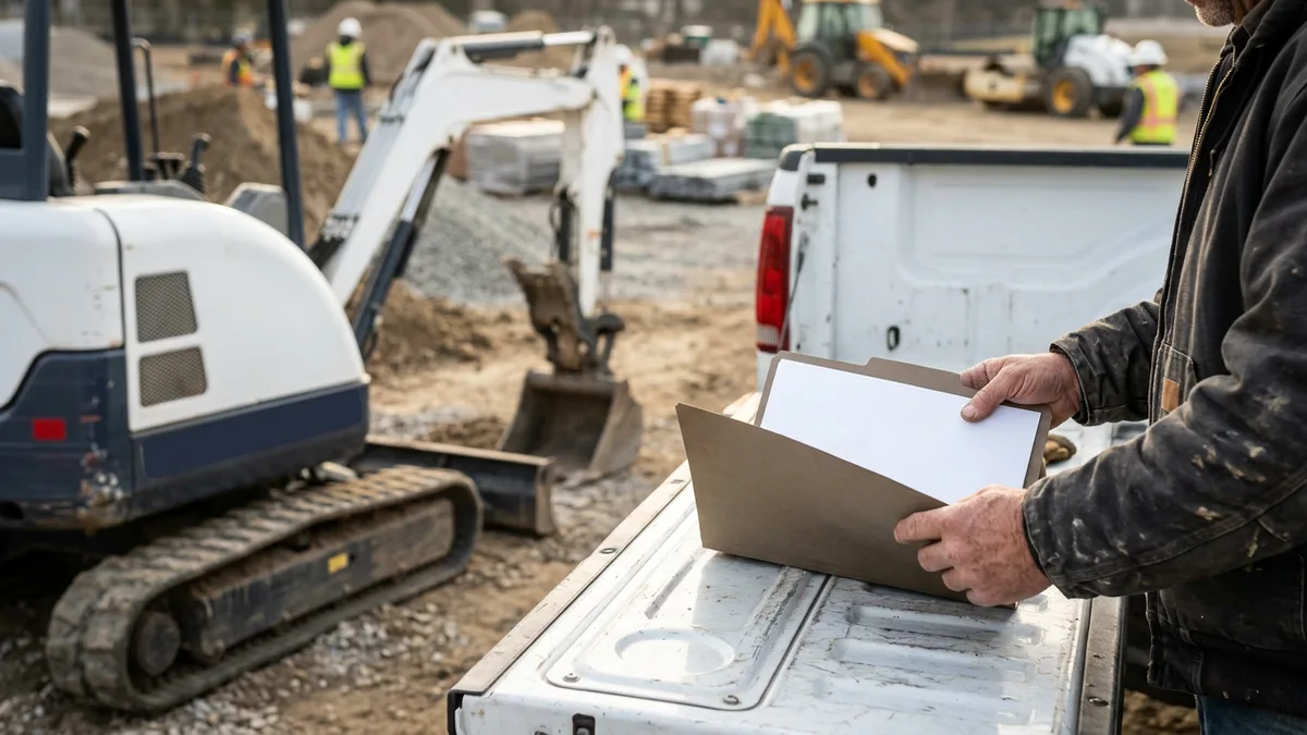Foreman holding an open folder beside a mini excavator at a job site