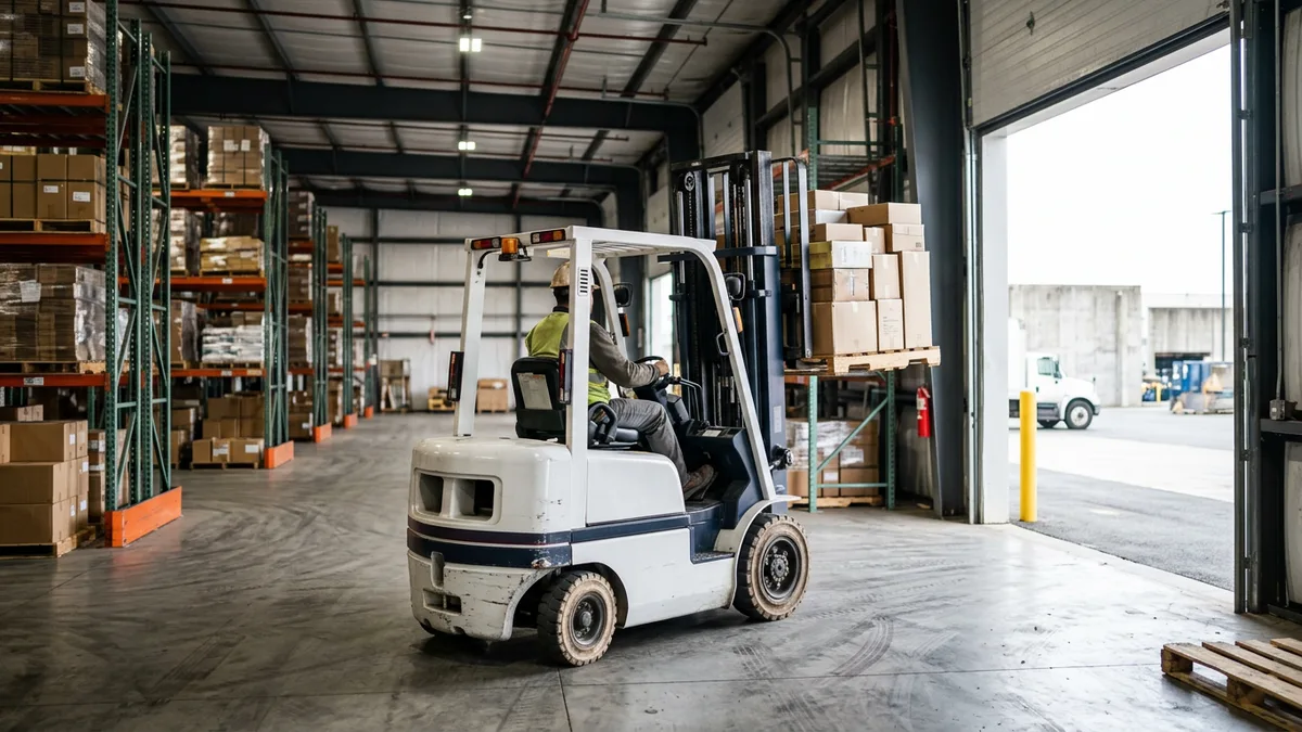 Pneumatic-tire forklift lifting a pallet in a warehouse bay