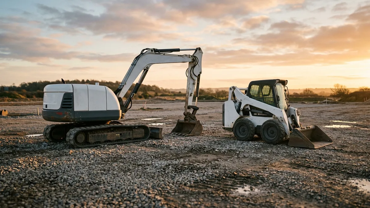 White excavator and compact loader on a gravel yard under a sunrise sky