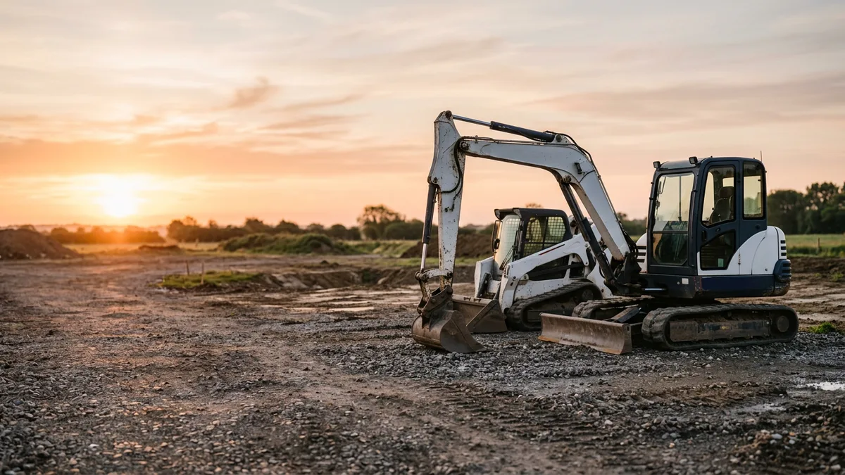 White excavator and compact loader parked in an equipment yard at sunrise