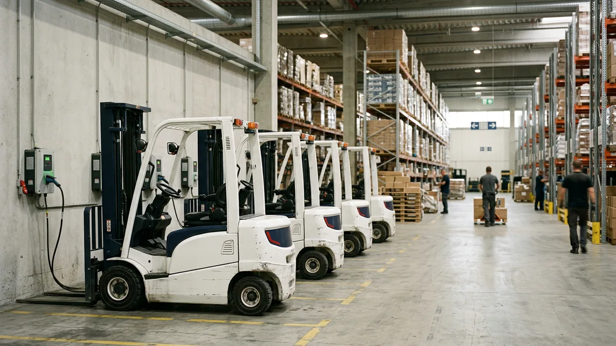 Row of white forklifts charging along a distribution warehouse wall