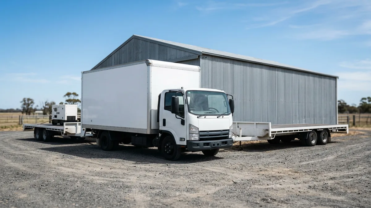 White box truck and flatbed trailer parked beside a metal workshop