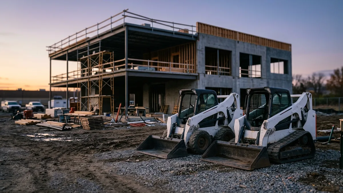 Skid steer and compact track loader beside a commercial building under construction