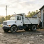 Dump truck parked in a gravel yard beside a workshop in early morning light