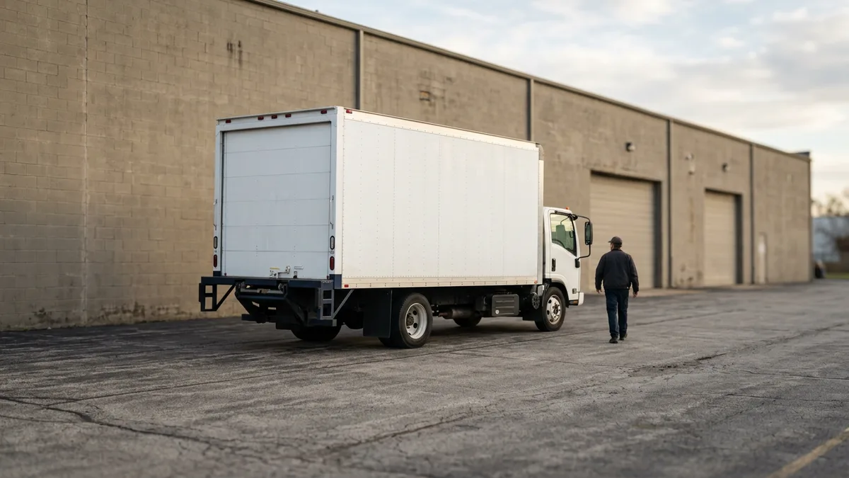 Box truck parked on a paved lot beside a warehouse wall in afternoon light
