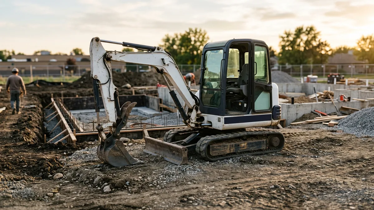 Compact excavator parked on a graded building site in late afternoon